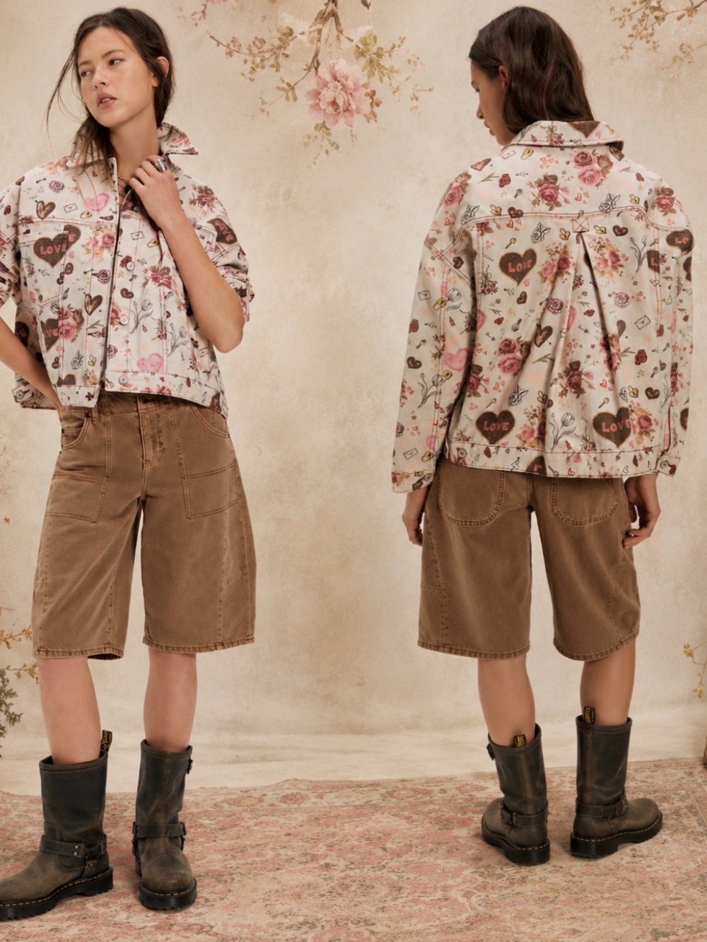 NWT Free People Opal Swing Printed Denim Jacket XS Tea Combo Floral Hearts